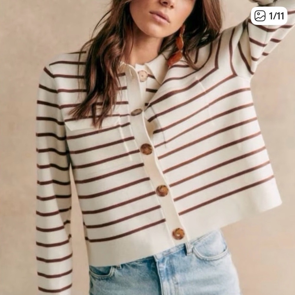 Sézane Stripes Cream and Brown Button-Front Women's Betty Cardigan